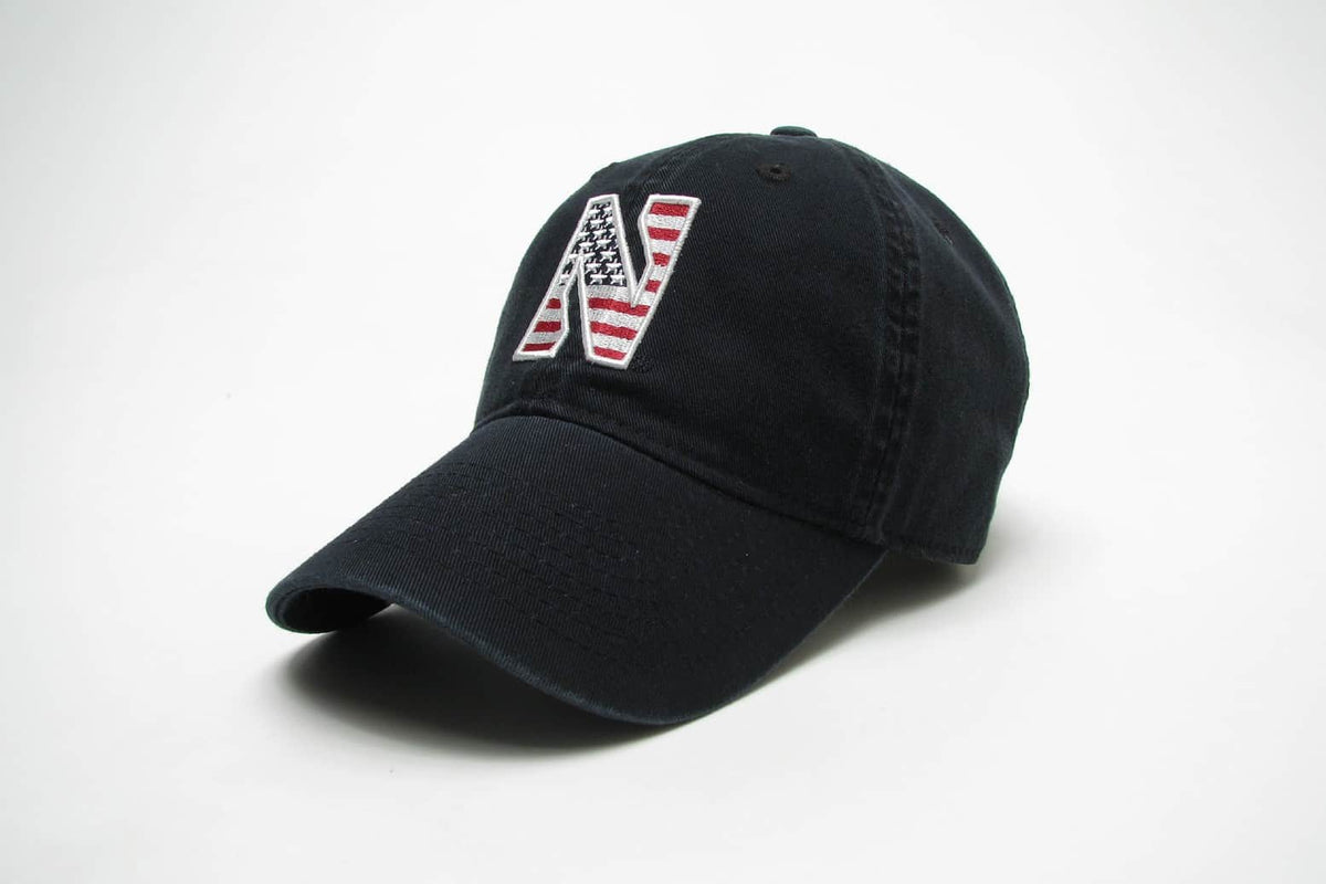 Northwestern Wildcats Legacy Unconstructed Adjustable Black Hat with Stylized N American Flag Theme Design