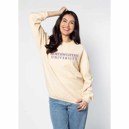 Northwestern University Wildcats Chicka-d Natural Cream Crewneck Sweatshirt With Distressed Northwestern University Design