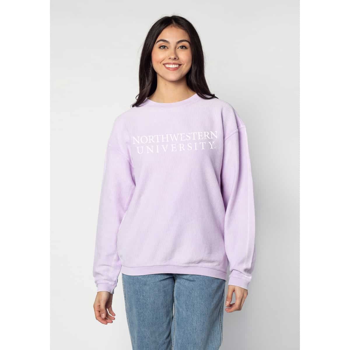 Northwestern University Wildcats Chicka-d Light Lilac Lavender Crewneck Sweatshirt With Distressed Northwestern University Design-2