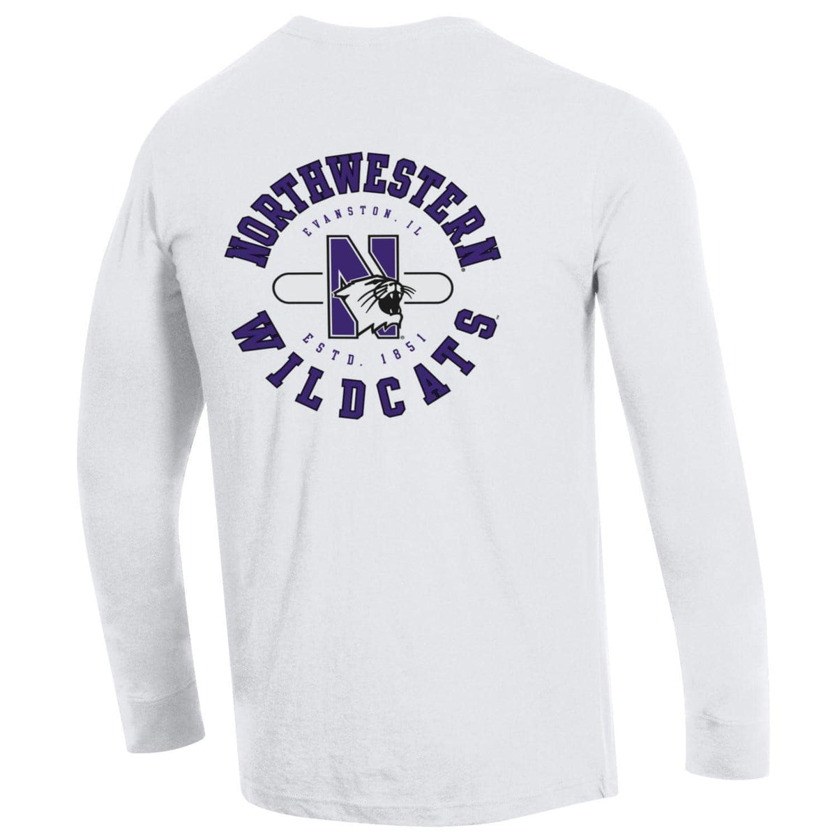 Northwestern University Wildcats Men's White Long Sleeve Tee Shirt with Three Location Print -Back