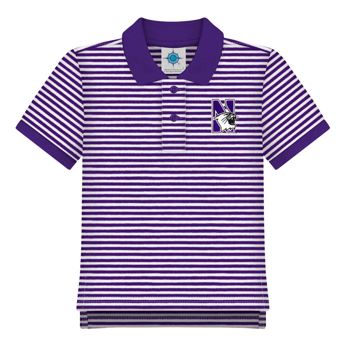 Northwestern University Wildcats Purple & White Stripped Polo Shirt With Embroidered N-Cat Design-2