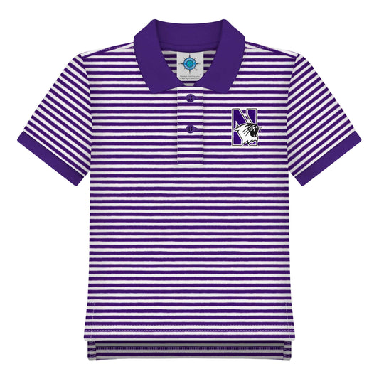Northwestern University Wildcats Purple & White Stripped Polo Shirt With Embroidered N-Cat Design-2