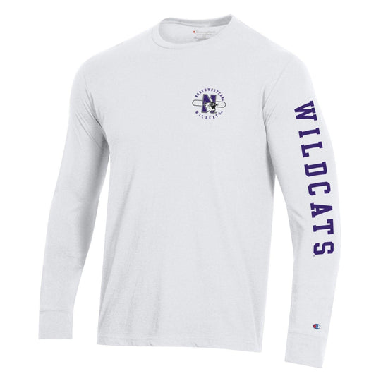 Northwestern University Wildcats Men's White Long Sleeve Tee Shirt with Three Location Print