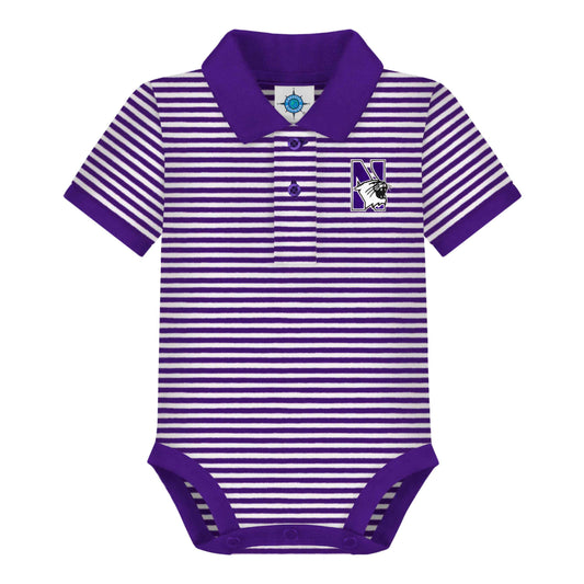 Northwestern University Wildcats Infant Purple & White Stripped Polo Bodysuit Onesie with a Collar