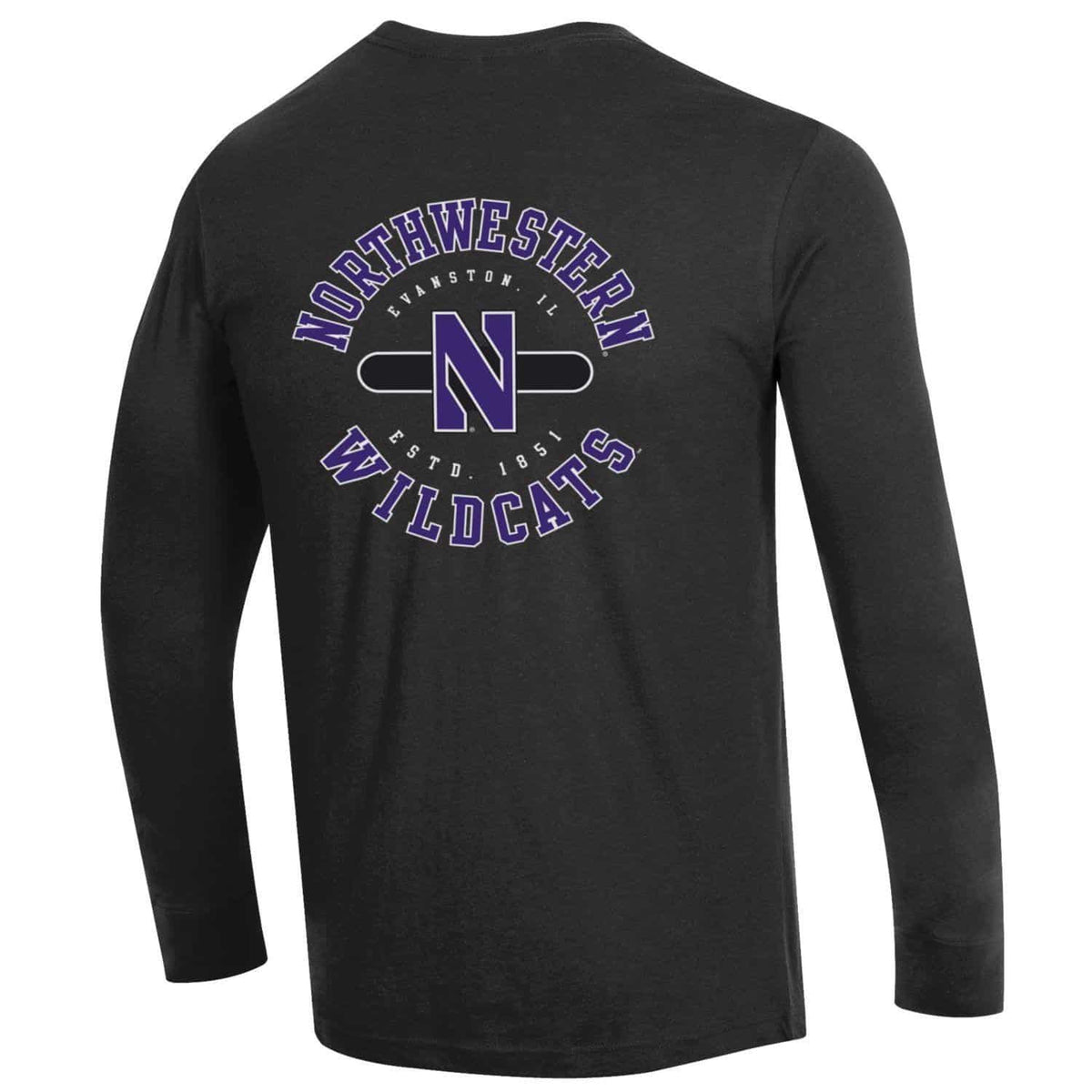 Northwestern University Wildcats Men's Black Long Sleeve Tee Shirt with Three Location Print-Back