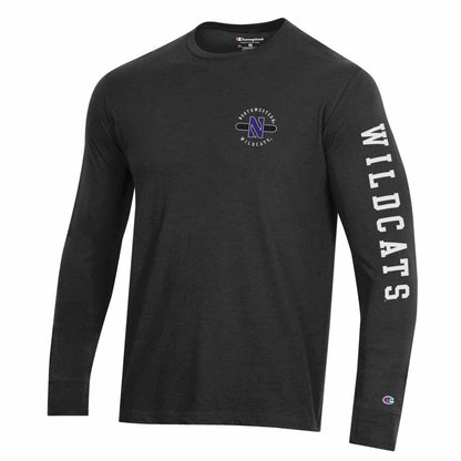 Northwestern University Wildcats Men's Black Long Sleeve Tee Shirt with Three Location Print
