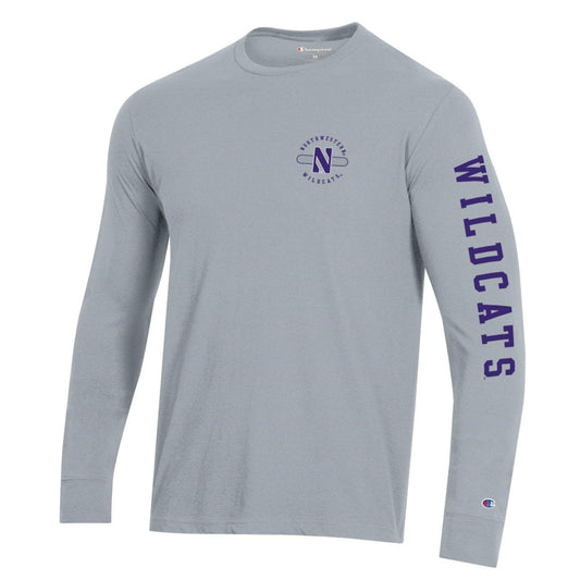 Northwestern University Wildcats Men's Steel Grey Long Sleeve Tee Shirt with Three Location Print