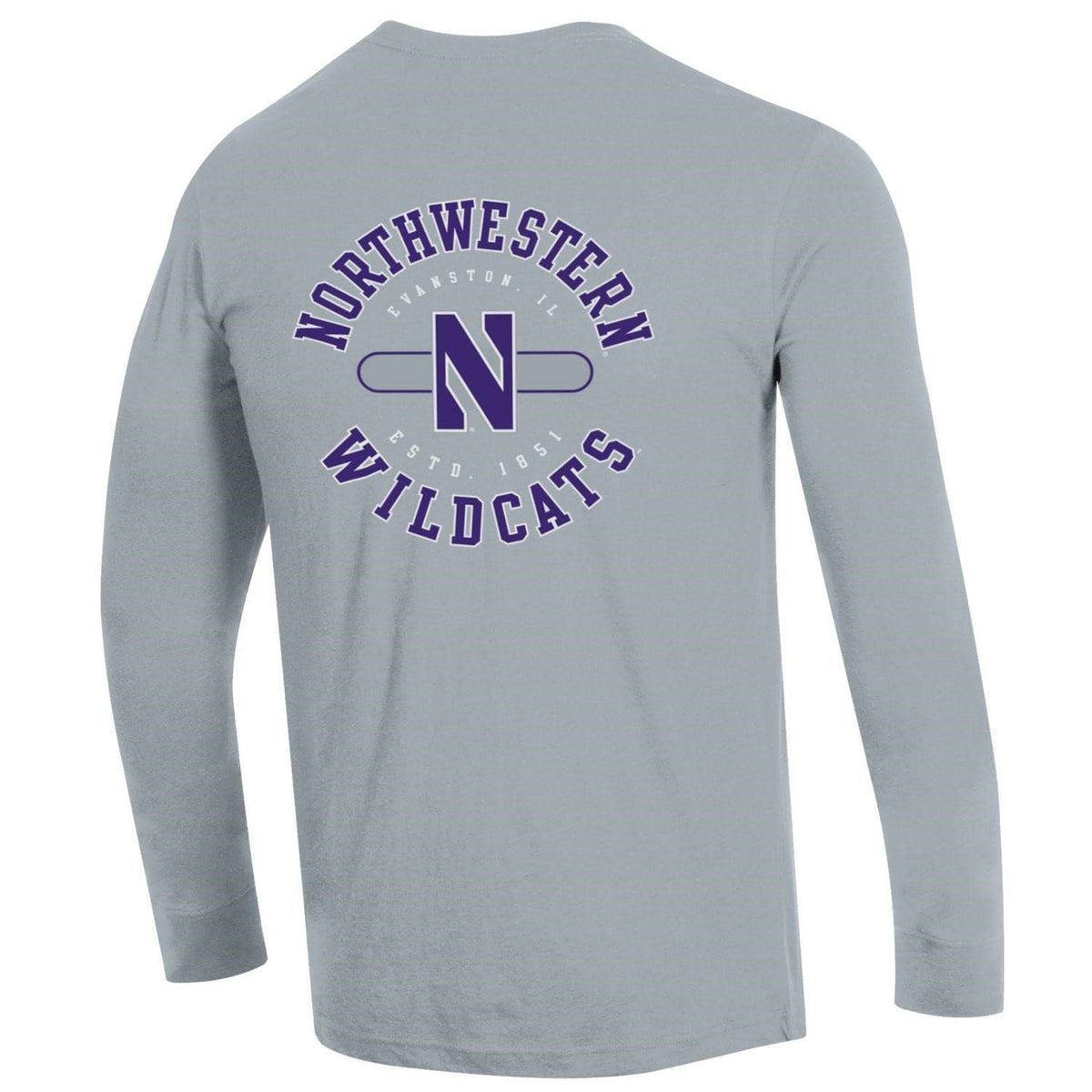 Northwestern University Wildcats Men's Steel Grey Long Sleeve Tee Shirt with Three Location Print -Back