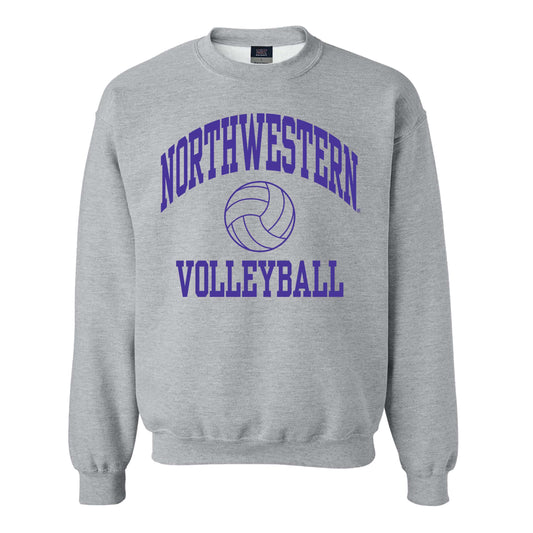 Northwestern University Wildcats Men's MV Fundamental Fleece Heather Grey Crewneck Sweatshirt with Northwestern Volleyball Design