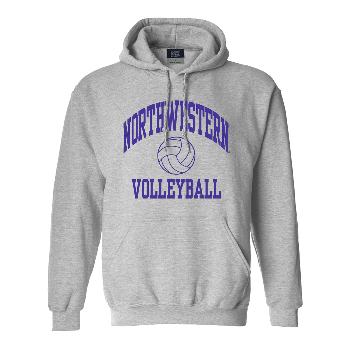 Northwestern University Wildcats Men's MV Fundamental Fleece Heather Grey Hooded Sweatshirt with Northwestern Volleyball Design