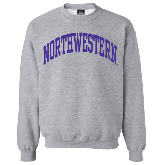 Northwestern University Wildcats Men's MV Fundamental Fleece Heather Grey Crewneck Sweatshirt with One Color Arch Design