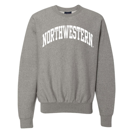Northwestern University Wildcats Men's MV Pro-Weave Super-Heavy Graphite Crewneck Sweatshirt with One Color Arch Design In white