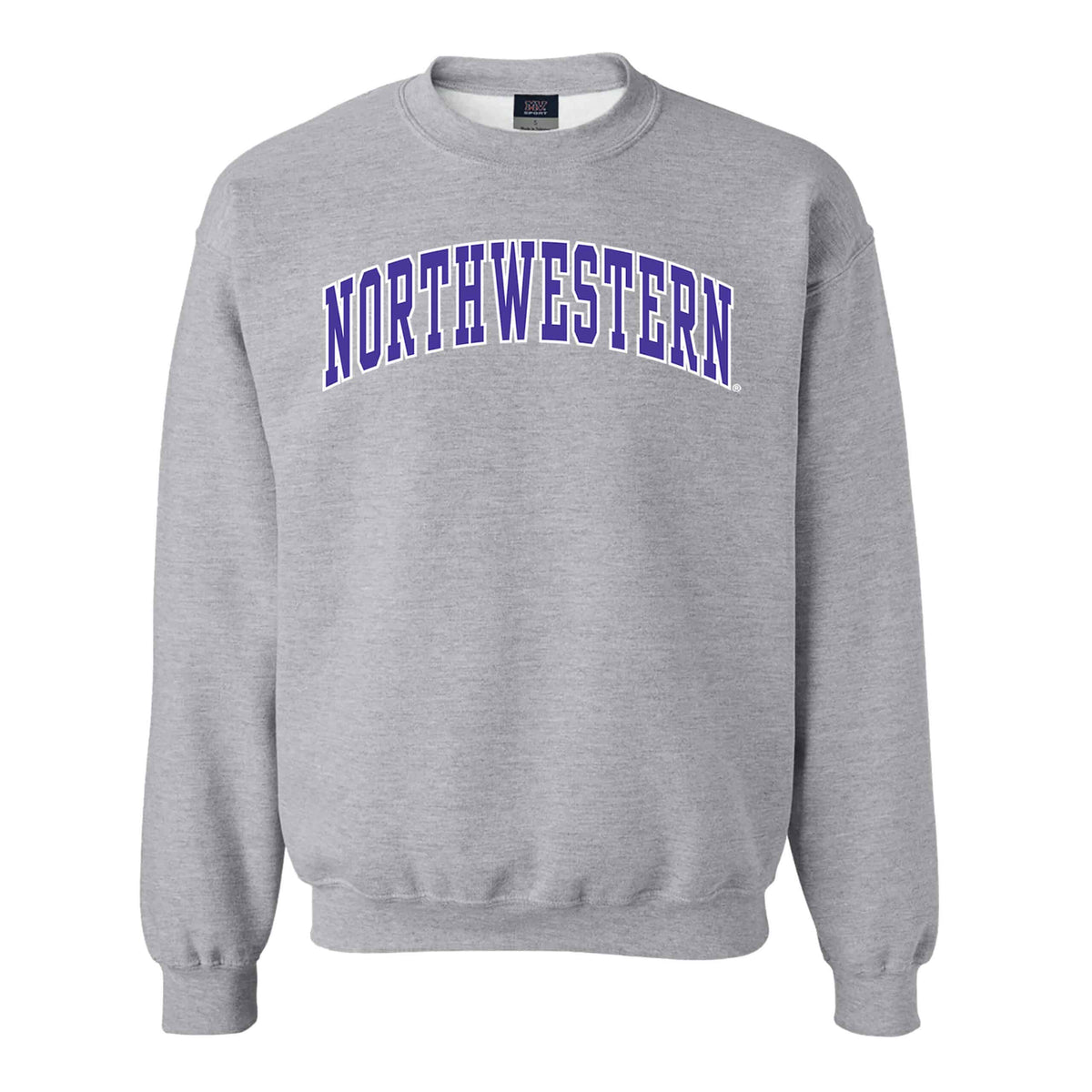 Northwestern University Wildcats Men's MV Fundamental Fleece Heather Grey Crewneck Sweatshirt with Two Color Arch Design