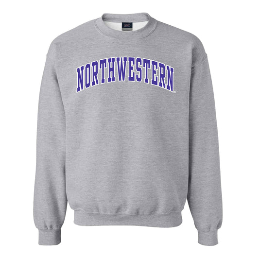 Northwestern University Wildcats Men's MV Fundamental Fleece Heather Grey Crewneck Sweatshirt with Two Color Arch Design