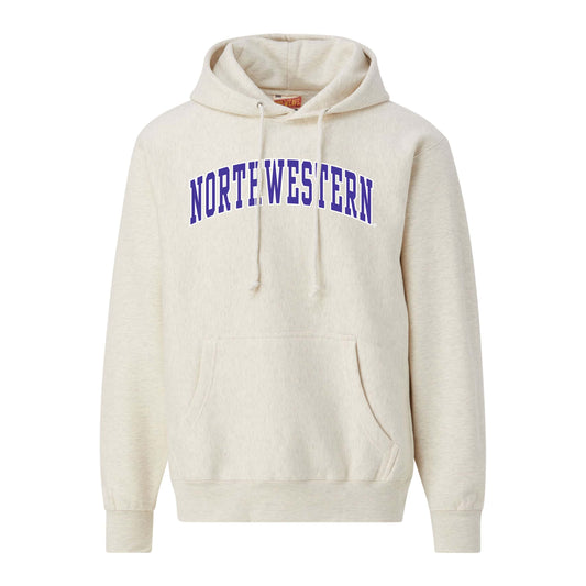 Northwestern University Wildcats Men's MV Super-Heavy Pro-Weave Fleece Oatmeal Heather Hooded Sweatshirt with Two Color Arch Design