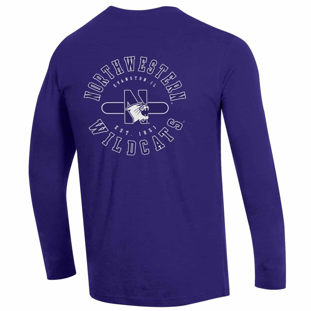 Northwestern University Wildcats Men's Purple Long Sleeve Tee Shirt with Three Location Print_Back