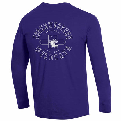Northwestern University Wildcats Men's Purple Long Sleeve Tee Shirt with Three Location Print_Back