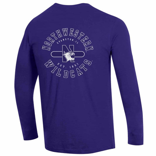 Northwestern University Wildcats Men's Purple Long Sleeve Tee Shirt with Three Location Print_Back