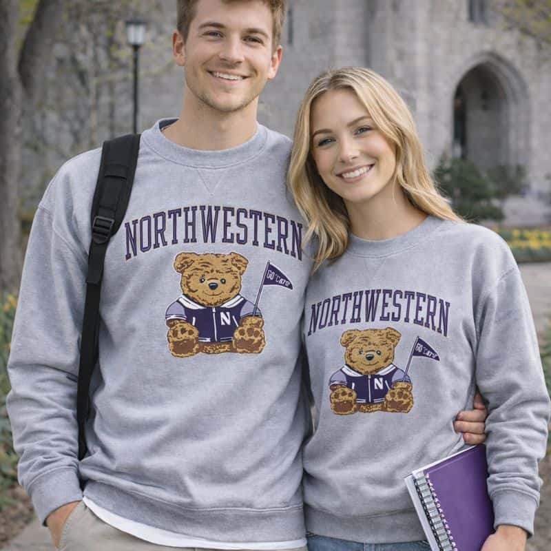 Northwestern University Wildcats Men's Grey Crewneck Sweatshirt with Sitting Bear Design