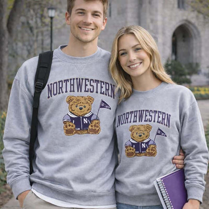 Northwestern University Wildcats Men's Grey Crewneck Sweatshirt with Sitting Bear Design