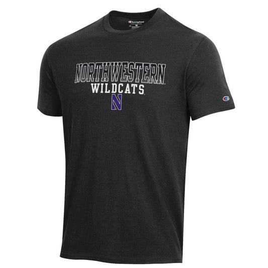 Northwestern University Wildcats Men's Black Short Sleeve Tee Shirt with Straight Northwestern Wildcats Over N Design
