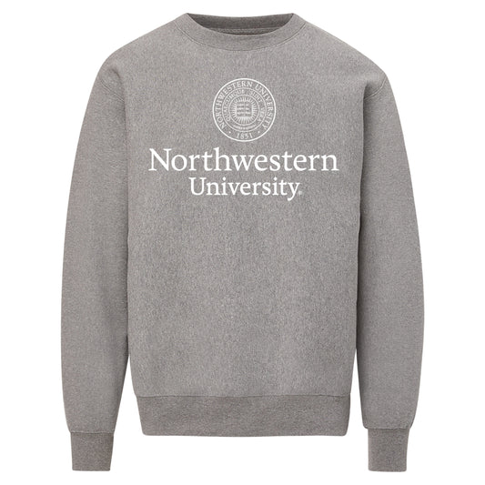 Northwestern University Wildcats Men's MV Pro-Weave Super-Heavy Graphite Crewneck Sweatshirt with Seal Design in White