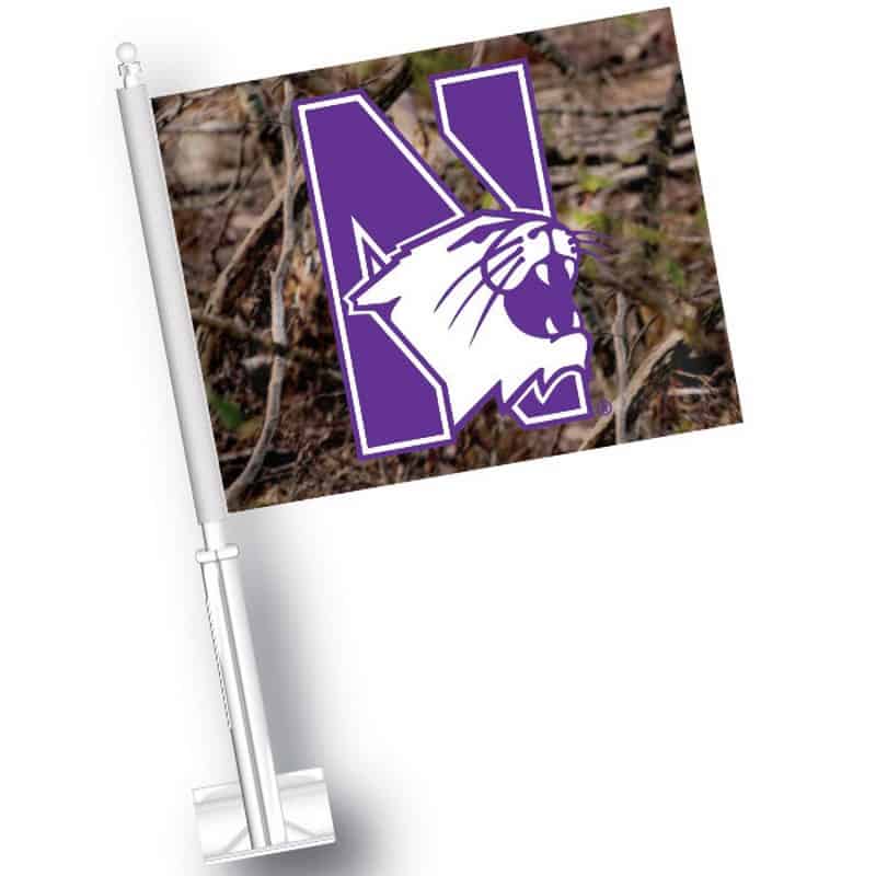 Northwestern University Wildcats Purple Car Flag with Camo Print and N-Cat Logo