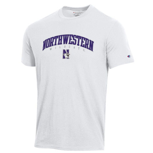 Northwestern University Wildcats Men's White Short Sleeve Tee Shirt with Vintage Appliqué Arched Northwestern Over N-Cat Design