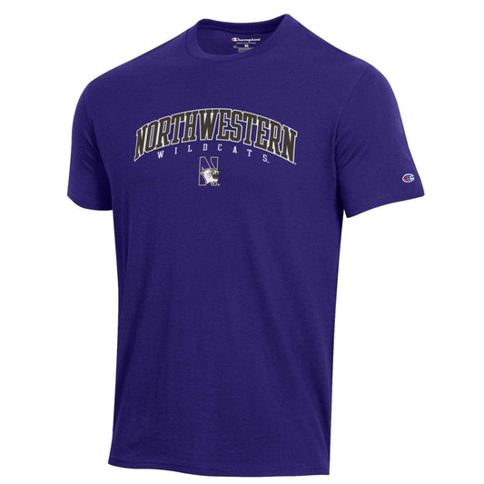 Northwestern University Wildcats Men's Purple Short Sleeve Tee Shirt with Vintage Appliqué Arched Northwestern Over N-Cat Design