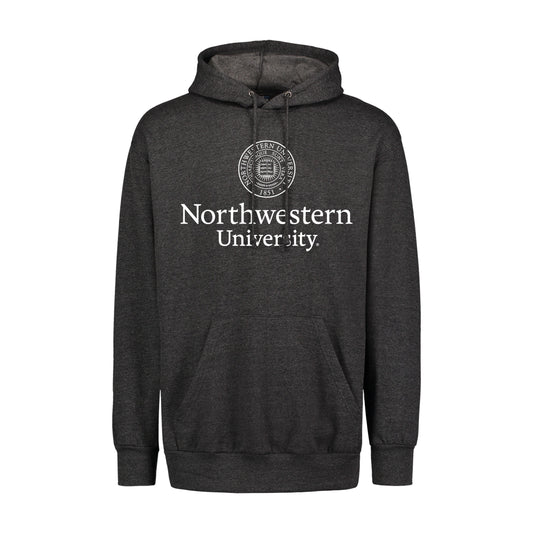 Northwestern University Wildcats Men's MV Fundamental Fleece Charcoal Heather Hooded Sweatshirt with Seal Design