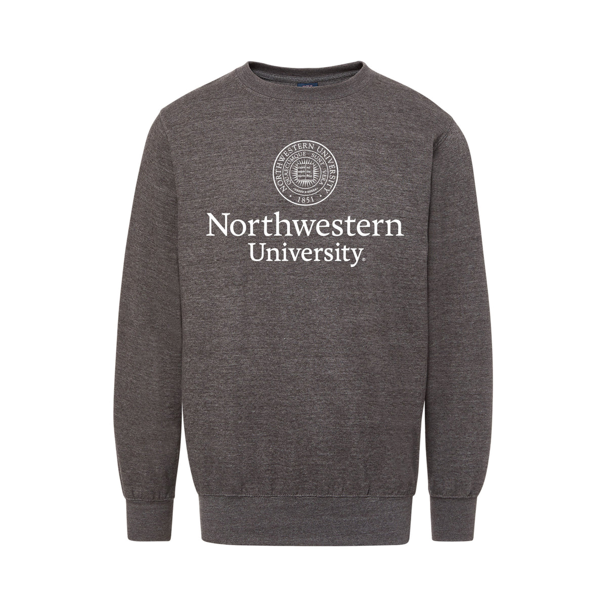 Northwestern University Wildcats Men's MV Fundamental Fleece Charcoal Heather Crewneck Sweatshirt with Seal Design in White