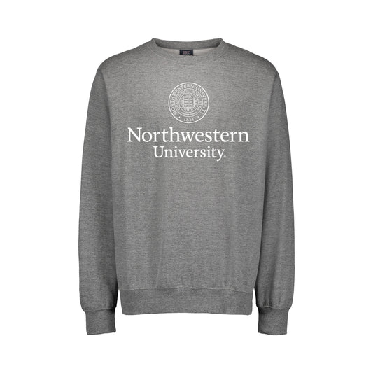 Northwestern University Wildcats Men's MV Fundamental Fleece Graphite Crewneck Sweatshirt with Seal Design in White