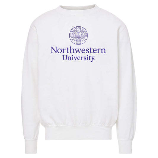 Northwestern University Wildcats Men's MV Fundamental Fleece White Crewneck Sweatshirt with Seal Design
