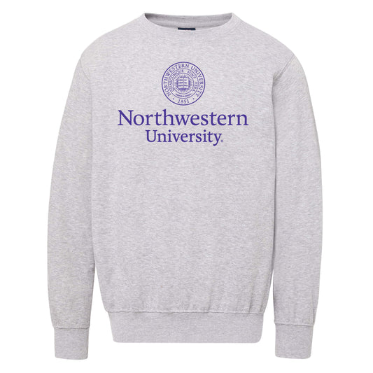 Northwestern University Wildcats Men's MV Fundamental Fleece Heather Grey Crewneck Sweatshirt with Seal Design