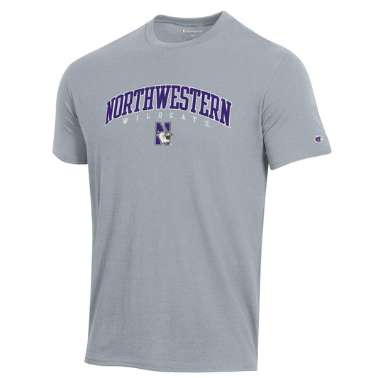 Northwestern University Wildcats Men's Heritage Grey Short Sleeve Tee Shirt with Vintage Appliqué Arched Northwestern Over N-Cat Design