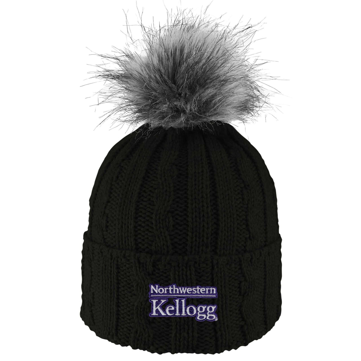 Northwestern I Kellogg Alps Black Knit Cuff Hat with Flux Fur Pom