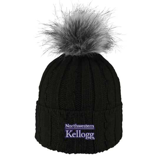 Northwestern I Kellogg Alps Black Knit Cuff Hat with Flux Fur Pom
