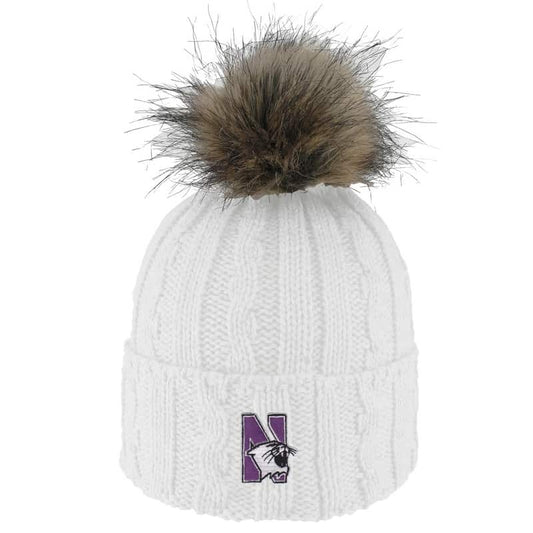 Northwestern University Wildcats Adult ALPS White Knit Cuff Hat With Faux Fur Pom