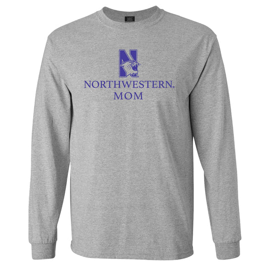 Northwestern University Wildcats Men's MV Heather Grey Classic Long Sleeve Tee with Northwestern Mom & N-Cat Design