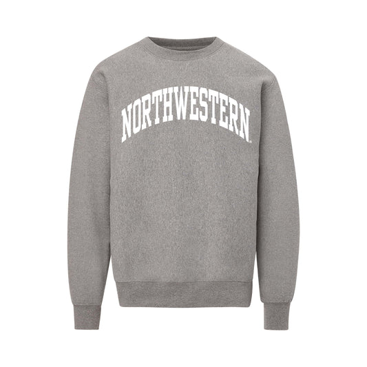 Northwestern University Wildcats Men's MV Pro-Weave Super-Heavy Graphite Crewneck Sweatshirt with One Color Arch Design In white