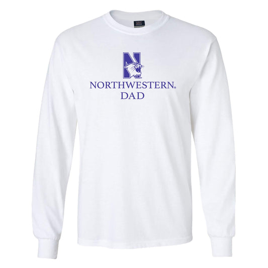 Northwestern University Wildcats Men's MV White Classic Long Sleeve Tee with Northwestern Dad & N-Cat Design
