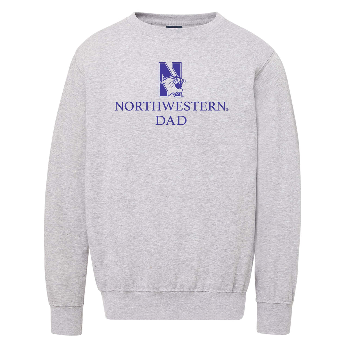 Northwestern University Wildcats Men's MV Fundamental Fleece Heather Grey Crewneck Sweatshirt with Northwestern Dad & N-Cat Design