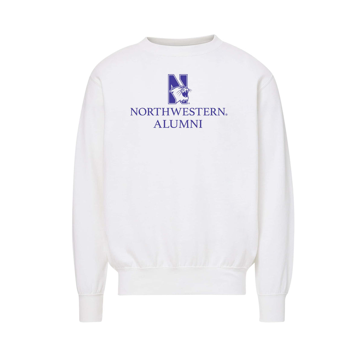 Northwestern University Wildcats Men's MV Fundamental Fleece White Crewneck Sweatshirt with Northwestern Alumni & N-Cat Design