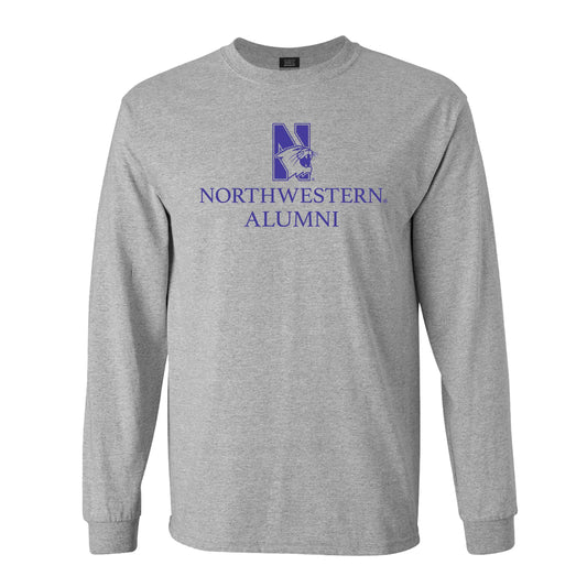 Northwestern University Wildcats Men's MV Heather Grey Classic Long Sleeve Tee with Northwestern Alumni & N-Cat Design