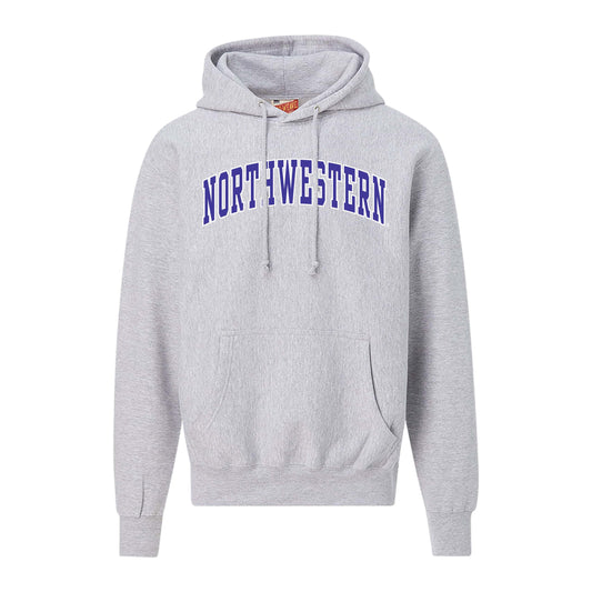 Northwestern University Wildcats Men's MV Super-Heavy Pro-Weave Fleece Heather Grey Hooded Sweatshirt with Two Color Arch Design