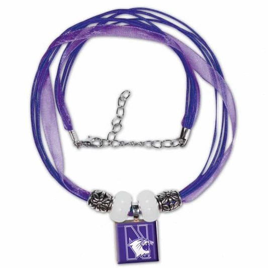 Northwestern Wildcats Lifetile Ribbon Necklace w/Beads & N-Cat Design