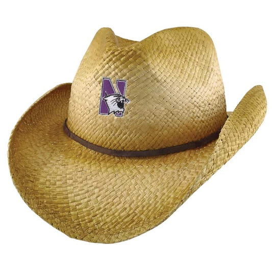 Northwestern University Wildcats Wrangler Distressed Raffia Cowboy Hat With Swede Leather Accent and Flex-fit Band