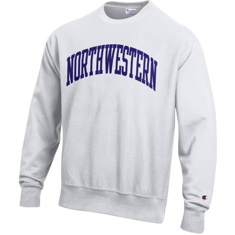 Northwestern University Wildcats Men's White Champion Super Heavy Reverse Weave Crewneck Sweatshirt with Purple Arched Northwestern Wool Sewn Appliqué Design