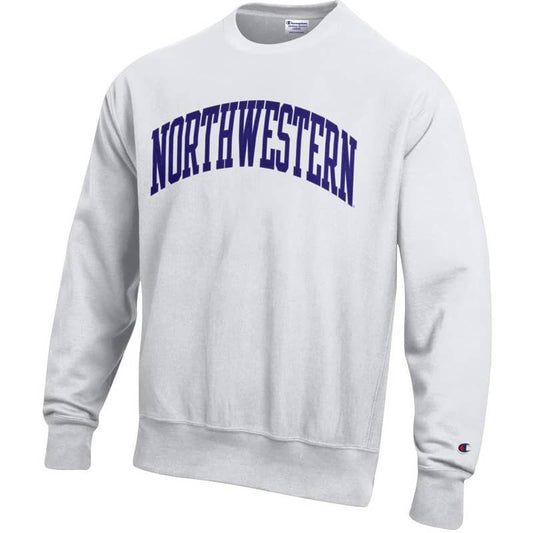 Northwestern University Wildcats Men's White Champion Super Heavy Reverse Weave Crewneck Sweatshirt with Purple Arched Northwestern Wool Sewn Appliqué Design