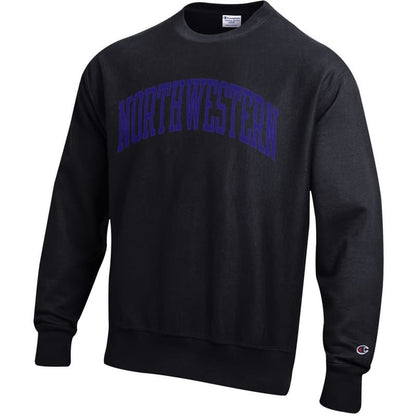 Northwestern University Wildcats Men's Black Champion Super Heavy Reverse Weave Crewneck Sweatshirt with Purple Arched Northwestern Wool Sewn Appliqué Design